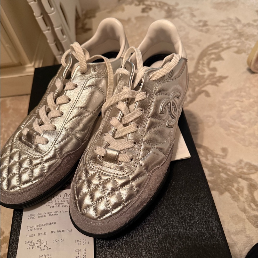 CHANEL Silver Athletic Shoes